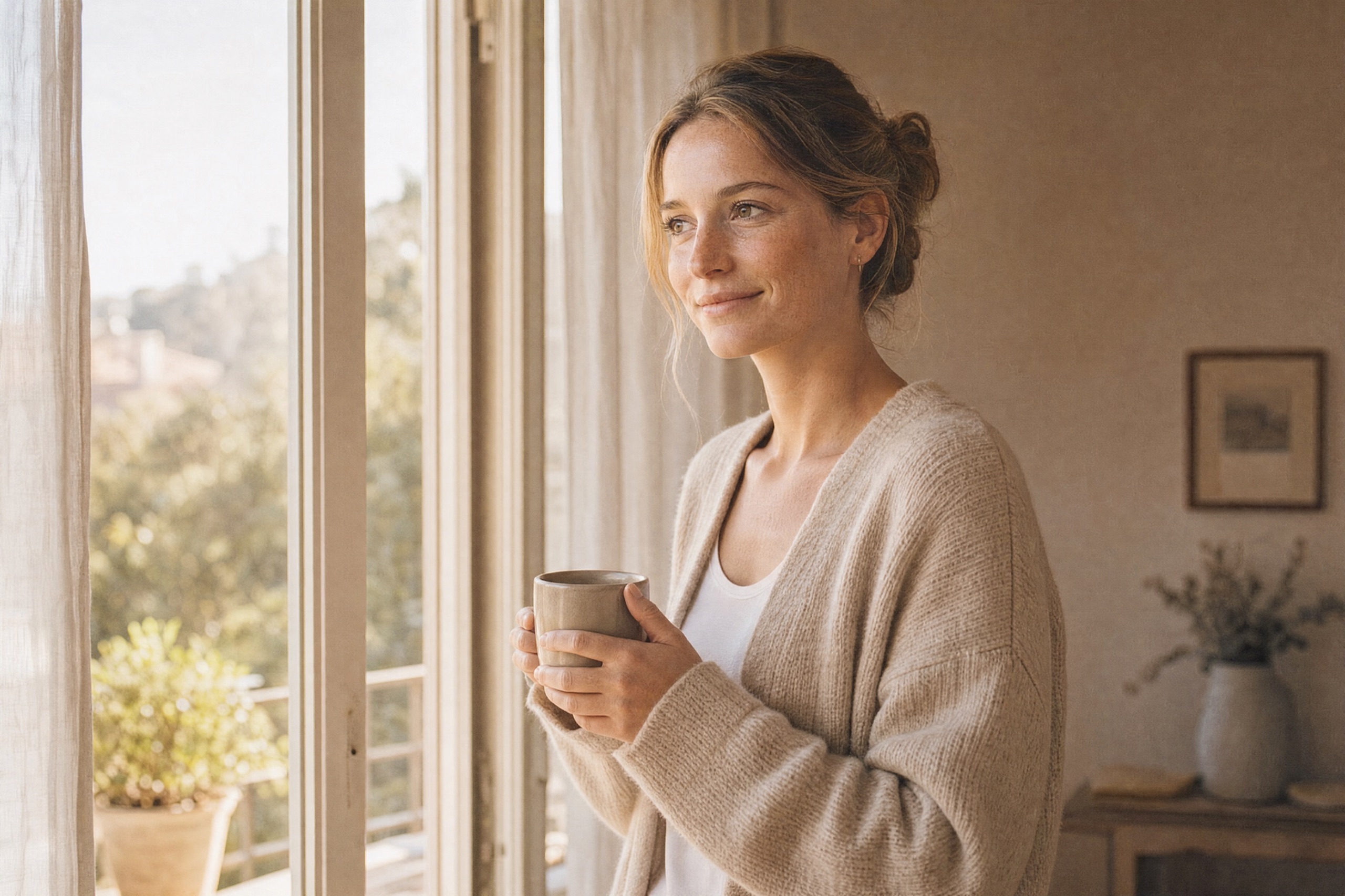 Frau steht mit einem Kaffee an der offenen Balkontür ihrer hellen Wohnung, Morgensonne