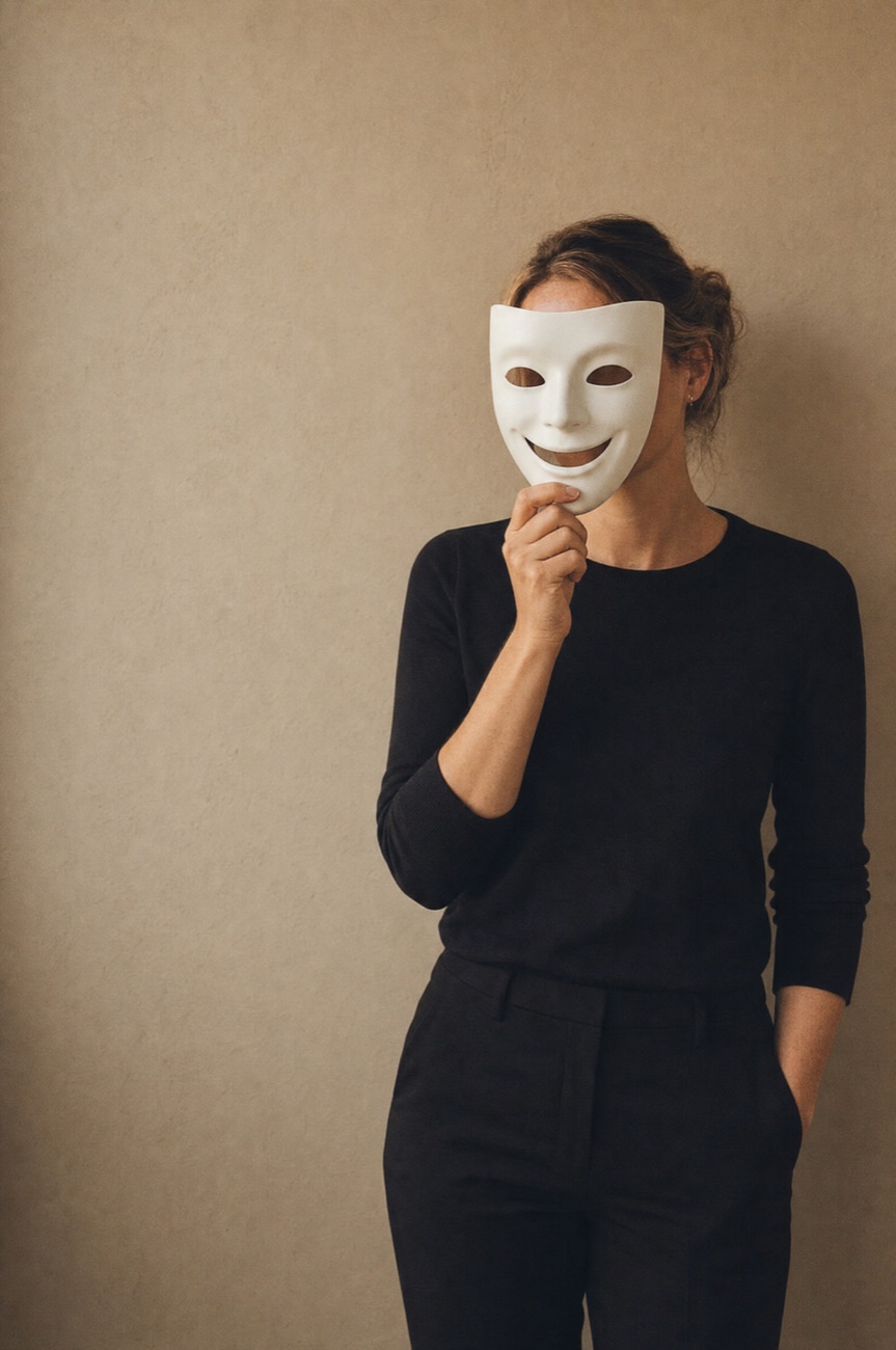 Frau hält sich eine lachende weiße Maske vors Gesicht
